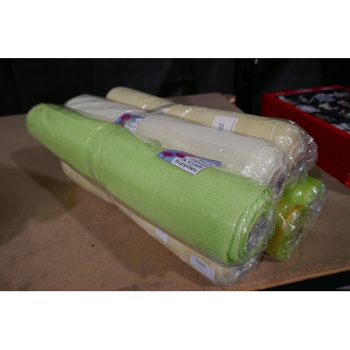 3395 - Six 50 x 9m rolls, cream & green craft mesh