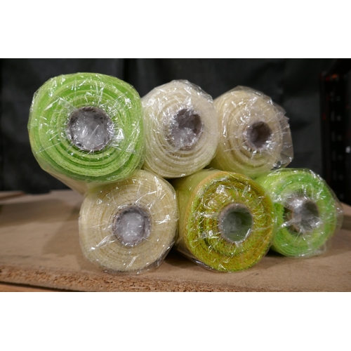 3395 - Six 50 x 9m rolls, cream & green craft mesh