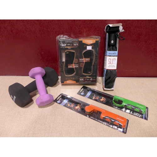 3083 - Shedrain Slim Umbrella, 2x x-lighters, Dumbbells, Copper Knee Support (316-284) *This lot is subject... 