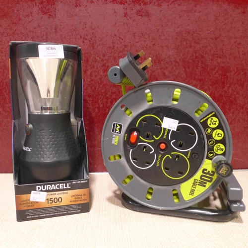 3086 - Masterplug 30M Cable Reel with Bracket, Duracell Dual Powered Lantern (317-7,34) *This lot is subjec... 