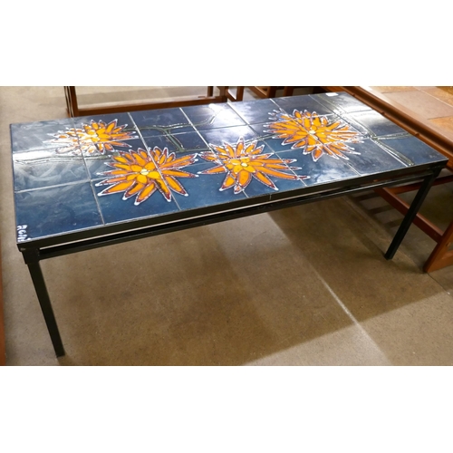 10 - A Belgian Juliette Belarti style tiled top rectangular coffee table, indistinctly signed