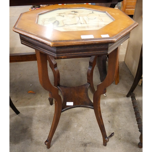 186 - A mahogany octagonal side table with Chinese silk panel