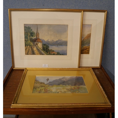 229 - Three landscape watercolours, one indistinctly signed, framed