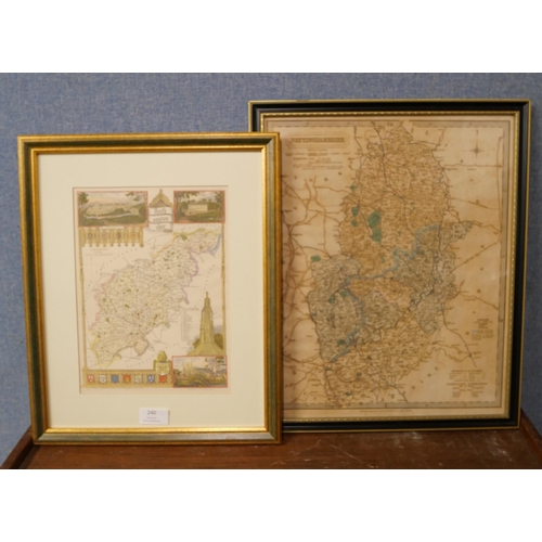 240 - An 1836 J&C Walker map of Nottinghamshire and an 1845 Noule map of Northamptonshire, framed