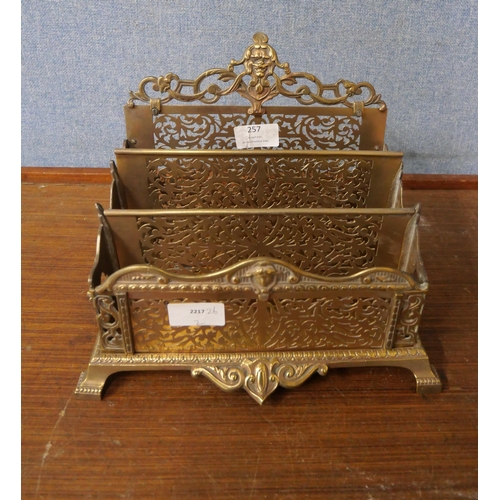 257 - A pierced brass three compartment letter rack