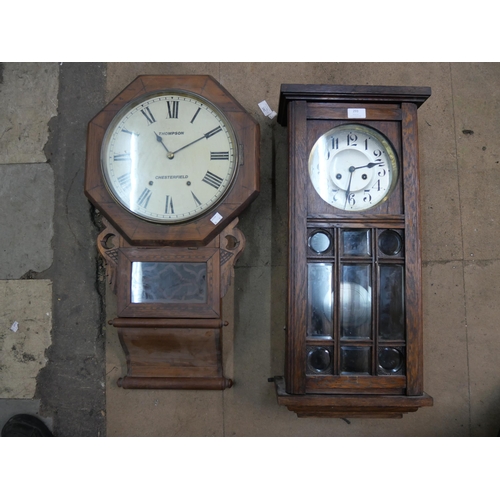 293 - A Victorian drop dial wall clock inscribed Thompson, Chesterfield wall clock and a George V oak wall... 