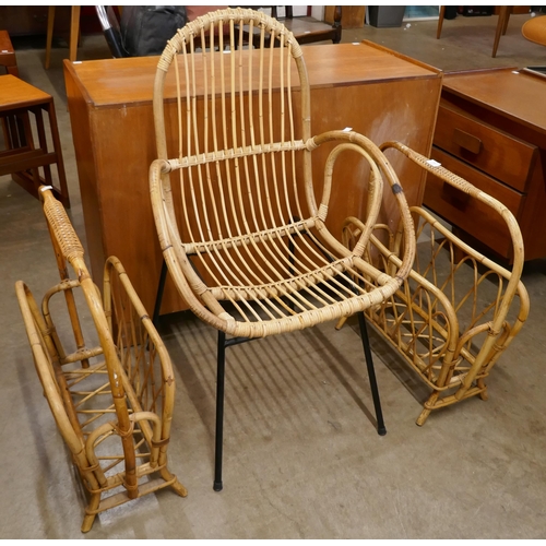 68 - An Italian style wicker and bamboo chair and two magazine racks
