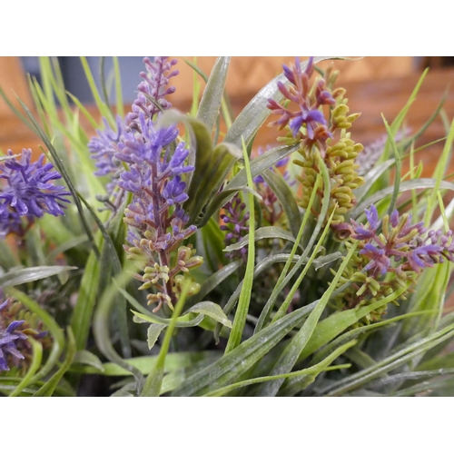 1352 - A display of faux lavender and onion grass in a wooden box, W 30cms (65880013)   #