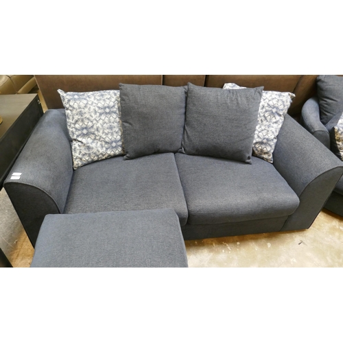 1399 - A blue upholstered three seater sofa, swivel armchair and footstool