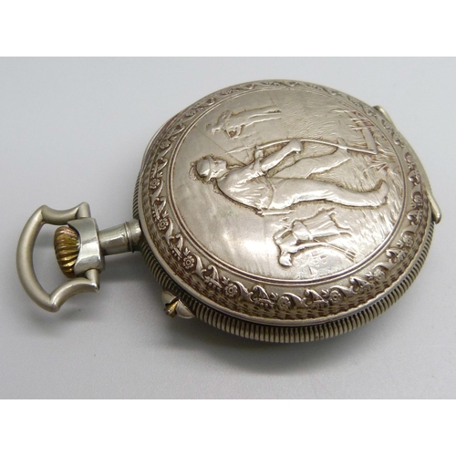 1003 - A Sandoz & Co. pocket watch, the case back depicts three figures tending the field, dial cracked