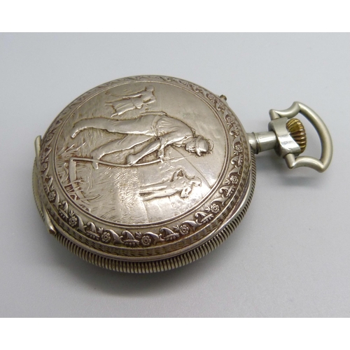 1003 - A Sandoz & Co. pocket watch, the case back depicts three figures tending the field, dial cracked