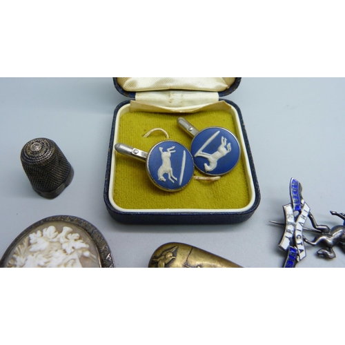 1005 - A silver and enamel Royal West Kent badge, an Alpine brooch, an oriental vesta case, Wedgwood cuffli... 