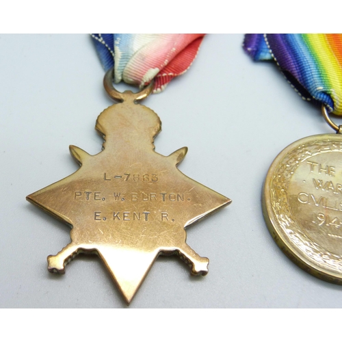 1011 - A trio of WWI medals to L-7863 Pte. W. Burton East Kent Regiment