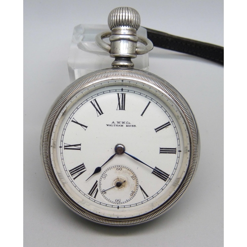 1035 - A 925 silver cased Waltham pocket watch with gold applied stag detail on the case back, screw front ... 