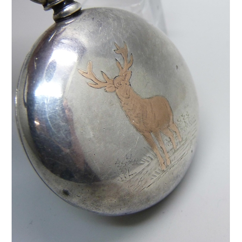 1035 - A 925 silver cased Waltham pocket watch with gold applied stag detail on the case back, screw front ... 