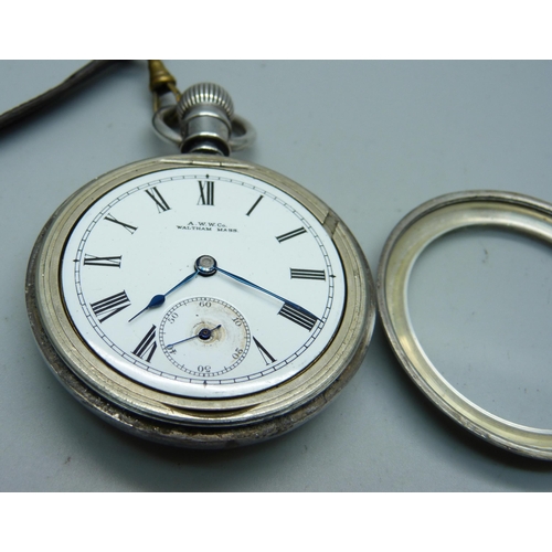 1035 - A 925 silver cased Waltham pocket watch with gold applied stag detail on the case back, screw front ... 