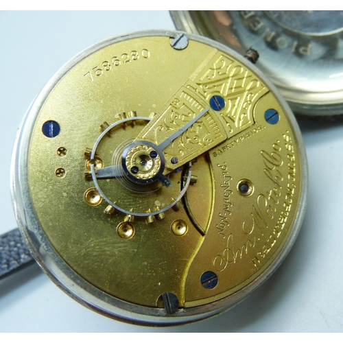 1035 - A 925 silver cased Waltham pocket watch with gold applied stag detail on the case back, screw front ... 