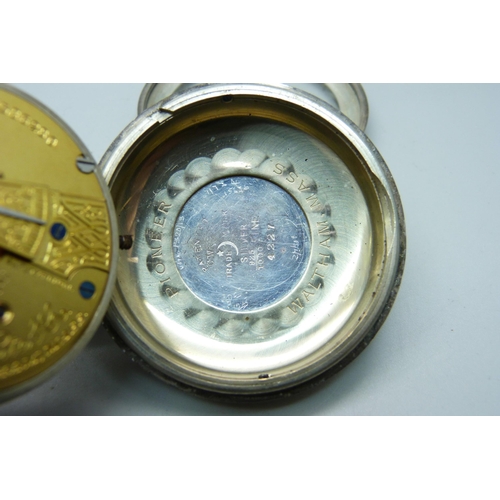 1035 - A 925 silver cased Waltham pocket watch with gold applied stag detail on the case back, screw front ... 