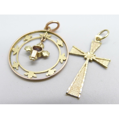 1041 - A 9ct gold pendant set with amethyst and seed pearls and a 9ct gold cross pendant, 2.3g