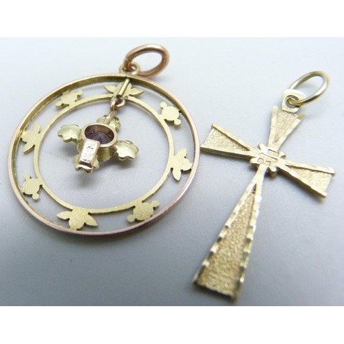 1041 - A 9ct gold pendant set with amethyst and seed pearls and a 9ct gold cross pendant, 2.3g