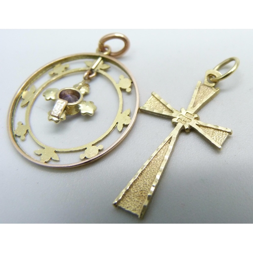 1041 - A 9ct gold pendant set with amethyst and seed pearls and a 9ct gold cross pendant, 2.3g