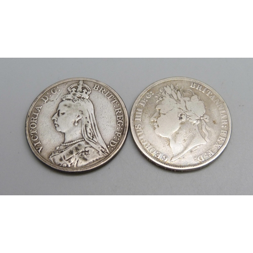 1046 - Coins; 1822 and 1889 silver crowns