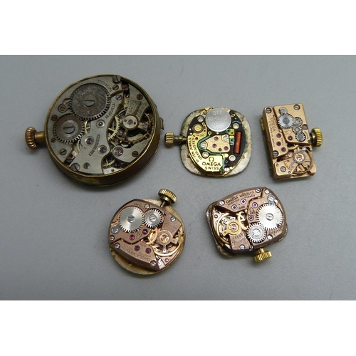 1049 - Four lady's Omega wristwatch movements and an Eberhard watch movement