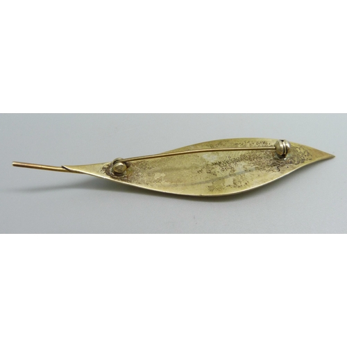 1055 - A Danish silver leaf brooch, Ra & La, 83mm