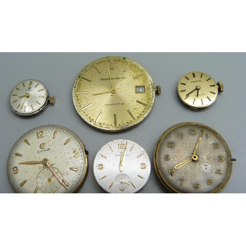 1058 - Eight wristwatch movements; a gentleman's Tudor by Rolex, Bueche-Girod, Cyma, a lady's Omega, Zenith... 