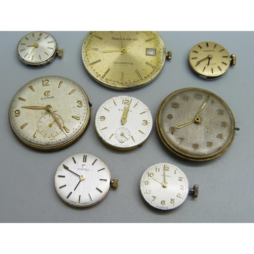 1058 - Eight wristwatch movements; a gentleman's Tudor by Rolex, Bueche-Girod, Cyma, a lady's Omega, Zenith... 