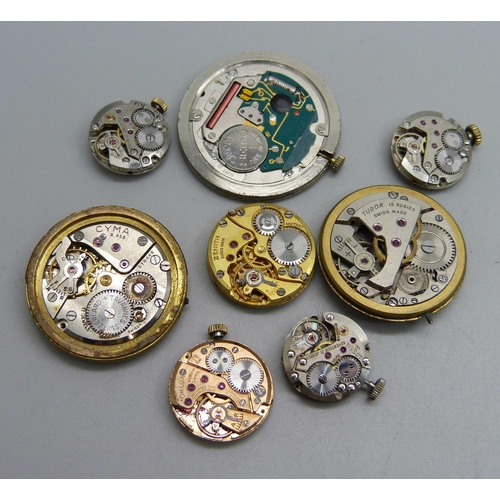 1058 - Eight wristwatch movements; a gentleman's Tudor by Rolex, Bueche-Girod, Cyma, a lady's Omega, Zenith... 