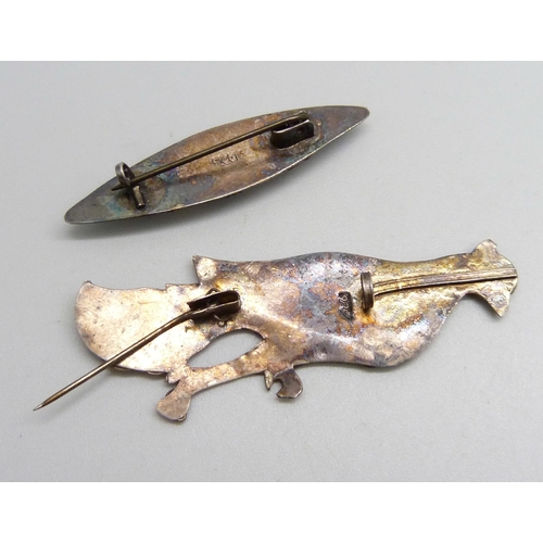 1063 - Two silver Arts and Crafts brooches, including one bird brooch with mother of pearl detail