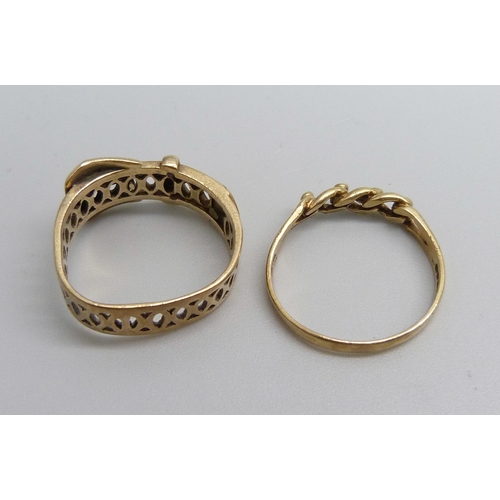 1065 - Two 9ct gold rings, total weight 5.4g, N and O, (buckle ring shank a/f, out of shape)