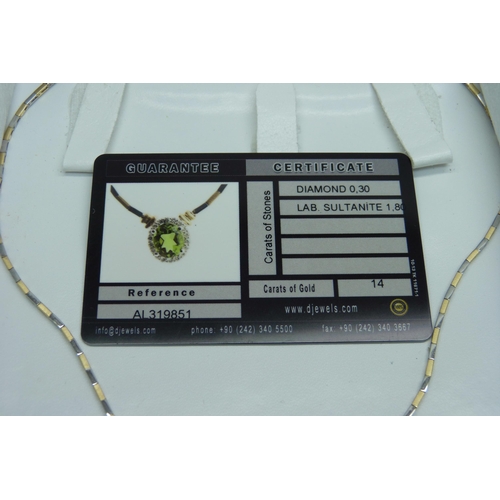 1067 - A 14ct bi-colour gold necklace, with certificate, 0.3 carat diamond weight, 1.80 carat lab Sultanite... 