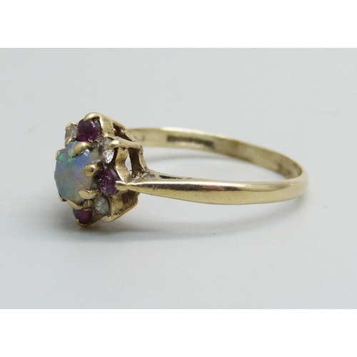 1073 - A 9ct gold, ruby, diamond and opal cluster ring, 1.7g, M, opal a/f