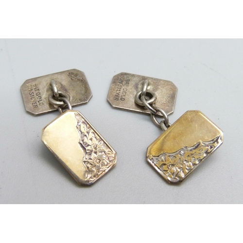 1105 - A silver vesta case, a pair of 9ct gold on silver cufflinks and a 9ct gold on silver tie-pin