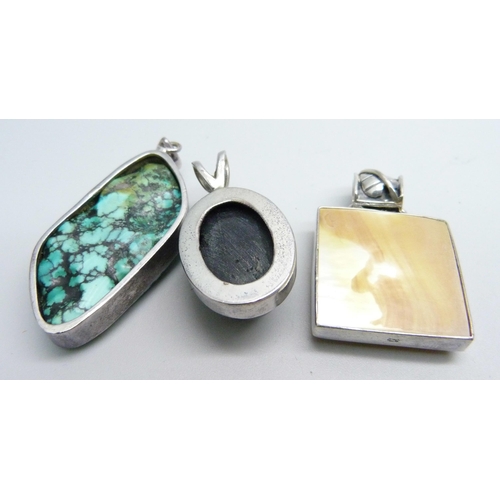 1117 - Three silver mounted pendants, turquoise colour pendant 46mm