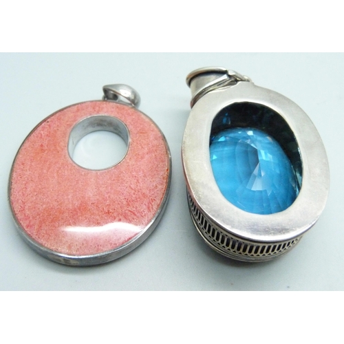 1119 - A large 925 silver mounted double sided pendant and one other large pendant set with a faceted blue ... 