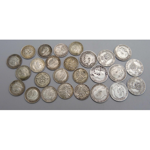 1123 - Nine silver George V sixpences; 1906, 1911 to 1916, 1918, 1919 and seventeen pre 1946 threepence pie... 