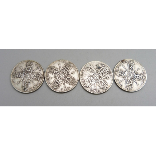 1124 - Four George V silver florins; 1911-1914, 44.4g