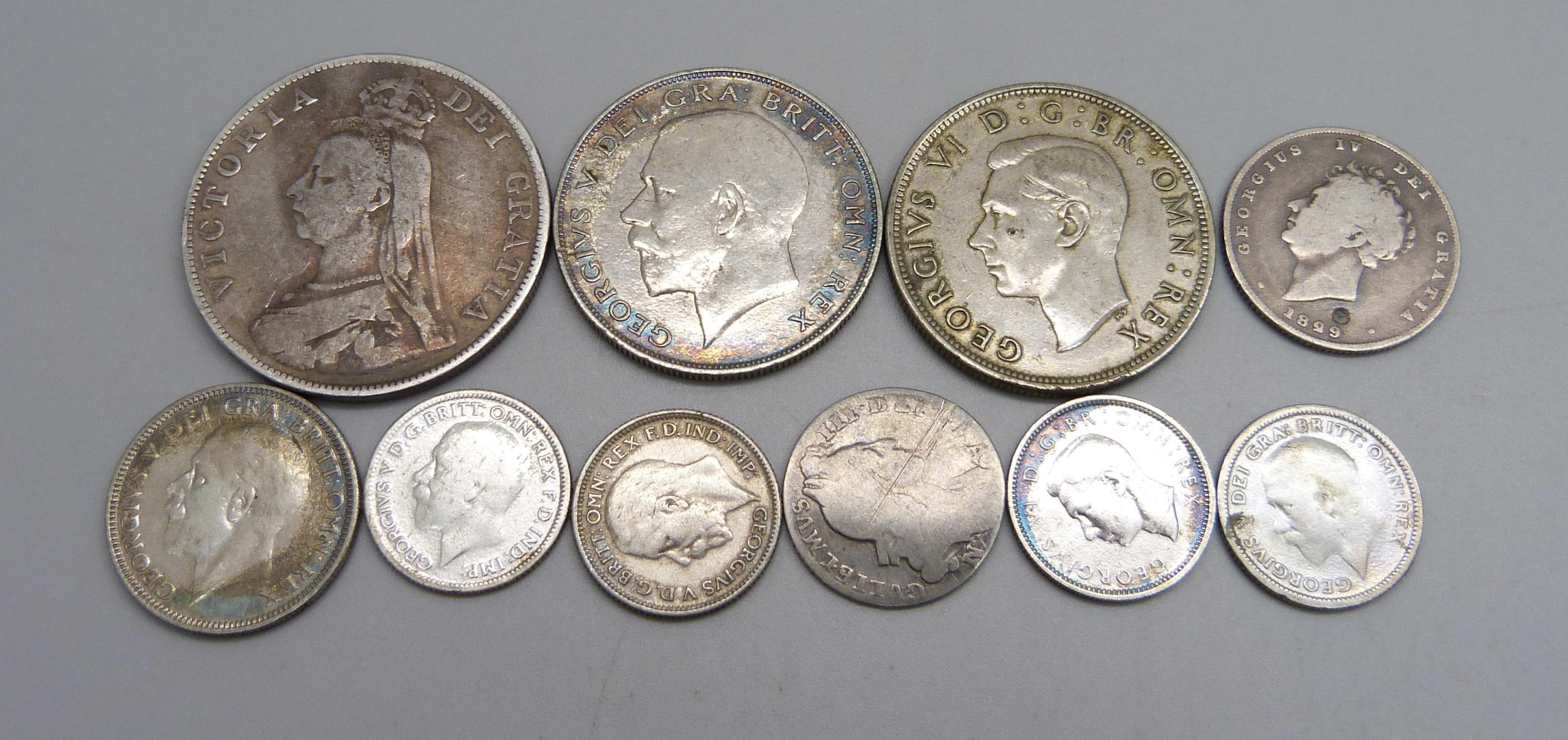 Pre 1946 silver coins including 1890 double florin, 1697 sixpence and ...