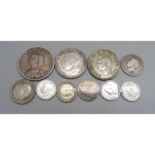 1126 - Pre 1946 silver coins including 1890 double florin, 1697 sixpence and 1829 shilling, 73g