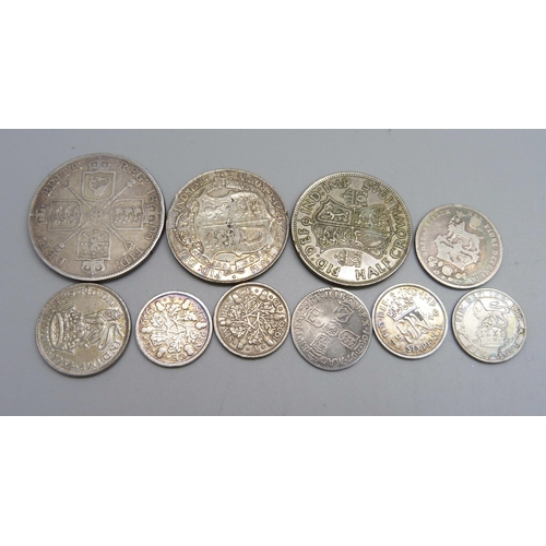 1126 - Pre 1946 silver coins including 1890 double florin, 1697 sixpence and 1829 shilling, 73g