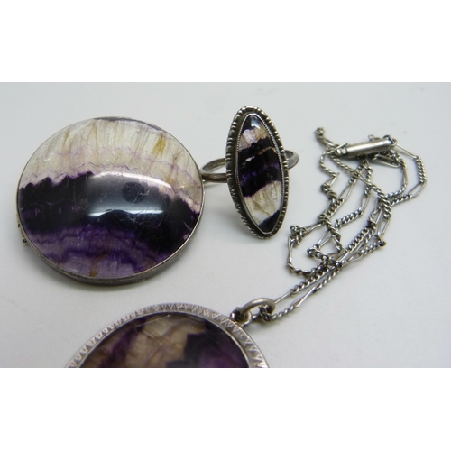 1130 - Three pieces of Blue John set jewellery, a silver ring, size P, brooch and pendant on chain