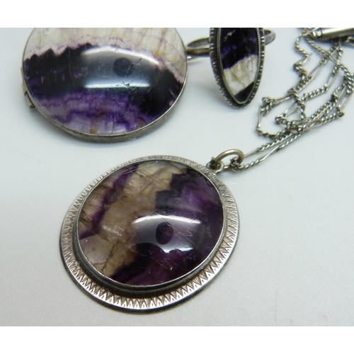 1130 - Three pieces of Blue John set jewellery, a silver ring, size P, brooch and pendant on chain