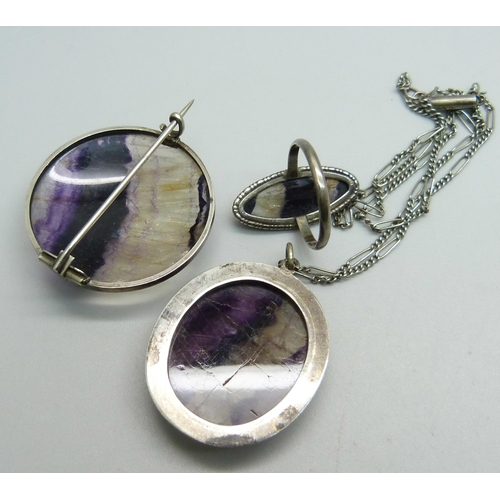 1130 - Three pieces of Blue John set jewellery, a silver ring, size P, brooch and pendant on chain