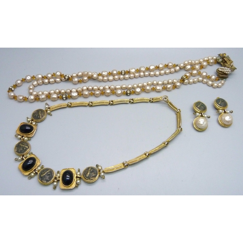 1134 - A vintage 'Original Robert' faux pearl necklace, a pair of clip-on earrings with a matching necklace