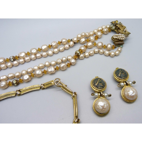 1134 - A vintage 'Original Robert' faux pearl necklace, a pair of clip-on earrings with a matching necklace