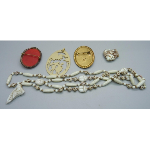 1139 - A vintage Neiger Czechoslovakian necklace, a/f, two brooches, etc.