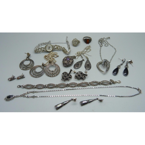 1144 - A collection of silver jewellery and a marcasite set wristwatch